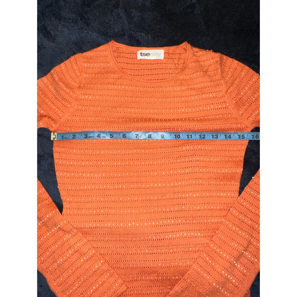 VINTAGE 90's TSESAY TSE ORANGE BEADED COTTON POINTELLE KNIT SWEATER
